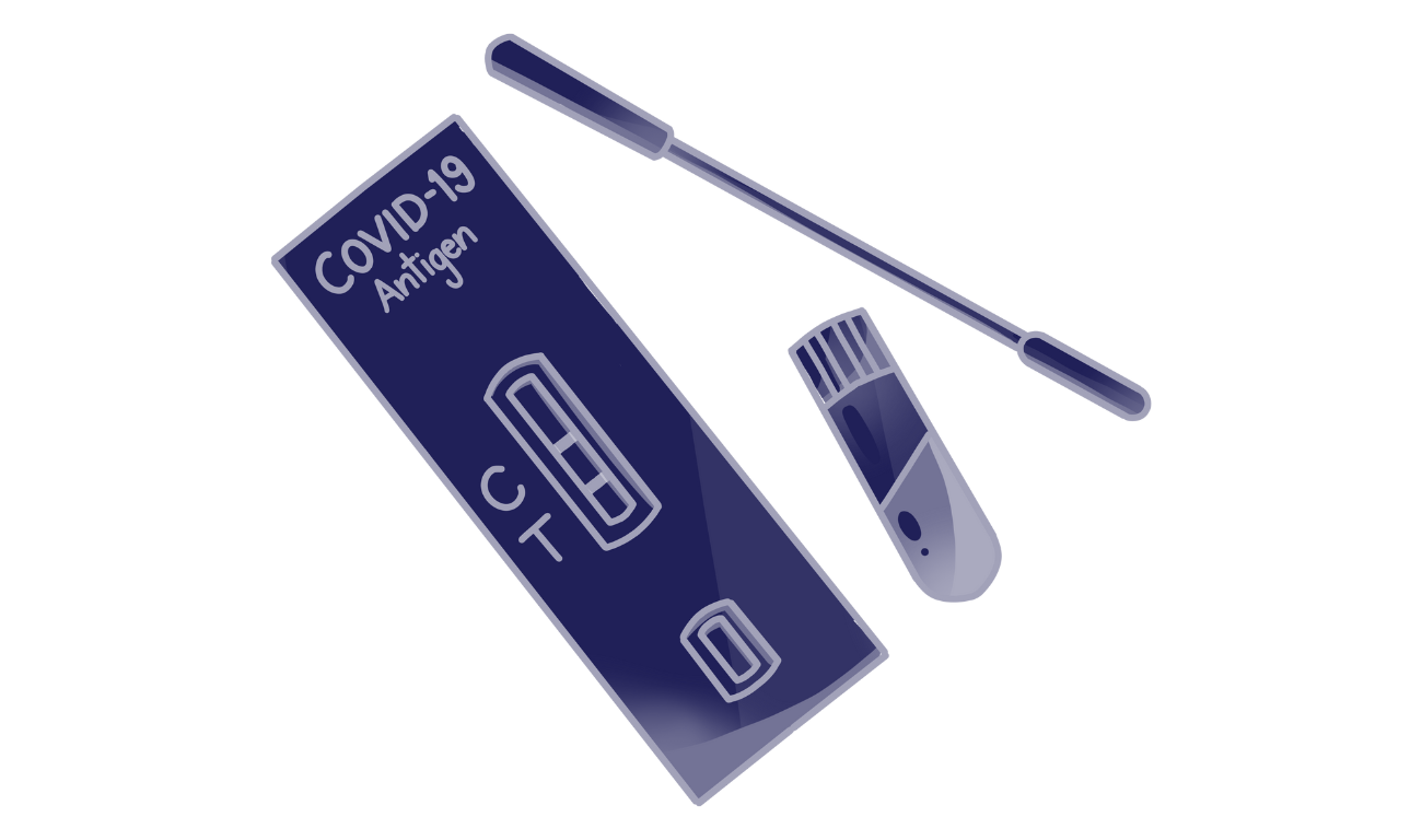 Animation showing nasal swab and other equipment used during a rapid antigen test.